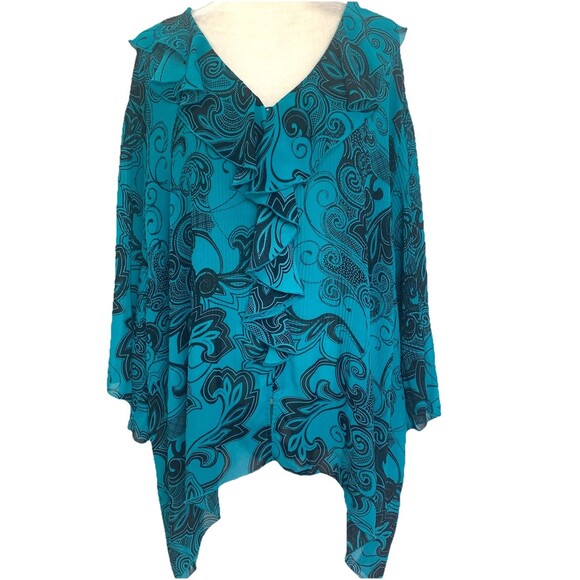 Avenue Women's Teal Black Swirls Accordion Pleats Button Top Blouse Size 26/28 - Picture 1 of 6